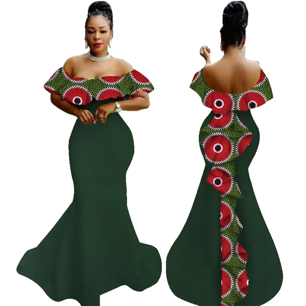 African Wax Print Ruffles Long Dresses Women Party Dress Vestidos Bazin Riche Off Shoulder Ankara Dress Evening Dresses WY2919