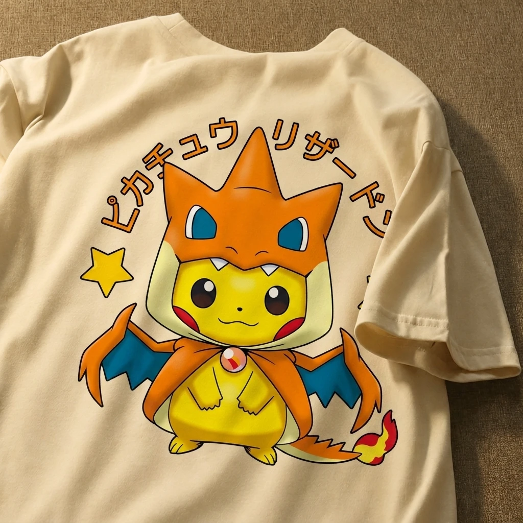 Cute Pokemon Pikachu in Charizard Costume Graphic Tee 100% Cotton Men Women Summer Loose Casual Anime Short Sleeve  T Shirts