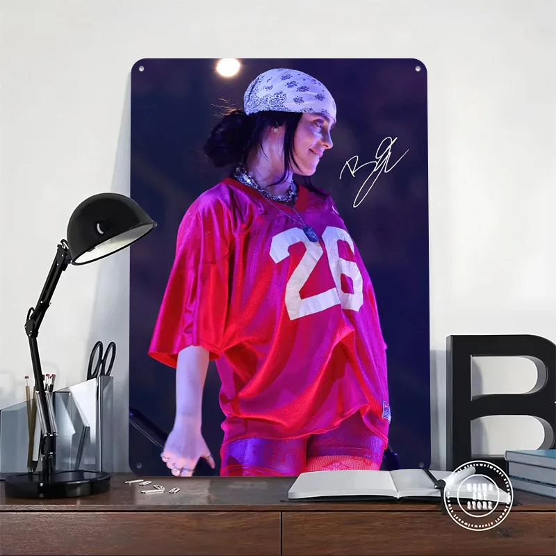 Billie Eilish in a Red Jersey Metal Poster Perfect Gift for Fans Lovers Customized Wall Art Metal Sign for Office Decor Room