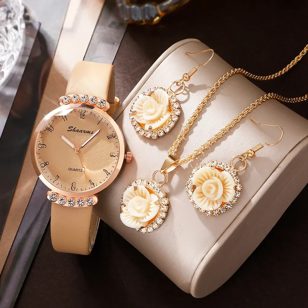 Watches For Women Khaki Leather Band Ladies Watch Simple Casual Women\'s Analog Quartz WristWatch Jewelry Set Montre Femme