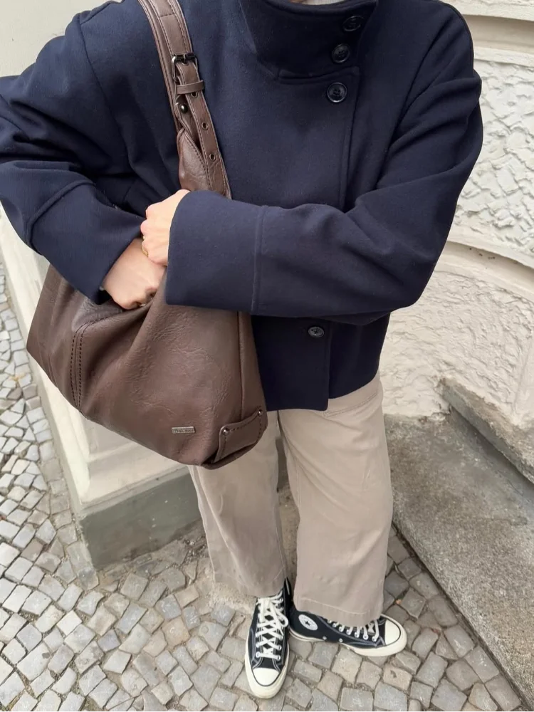 

Casual Single Breasted Khaki Woolen Short Jacket Women Fashion Stand Neck Cropped Full Sleeve Outwear Autumn Daily Office Coat