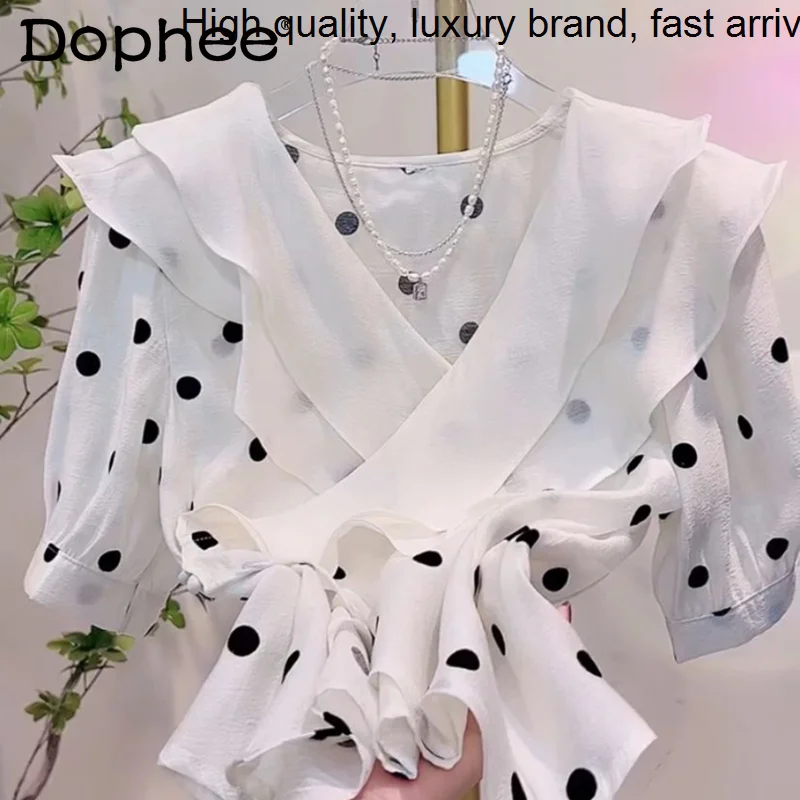 Polka Gentle Elegant Dot Short Sleeve Shirt Women 2023 Spring Summer New Ruffled White Pullover Blouse Crop Top Camisas De Mujer