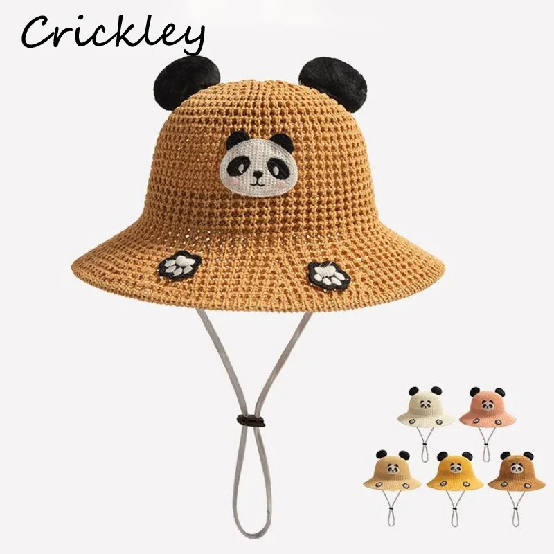 

Panda Cartoon Boys Girls Straw Hats Summer Solid Woven Sunshade Kids Bucket Hats Outdoor Beach Children Fisherman Cap