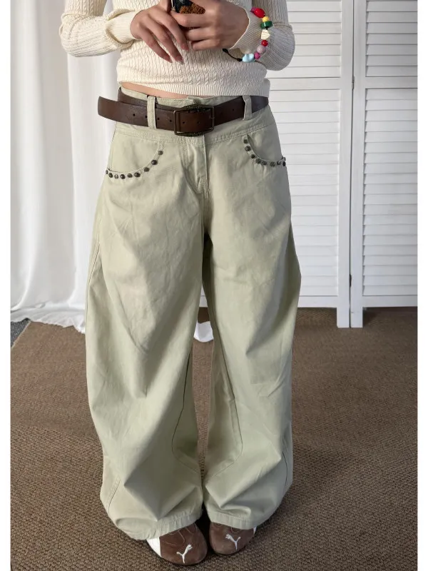 Retro American Style Wide Leg Jeans Women's Loose Fit Spring Autumn New Street Fashion Deconstructed Embellished Denim Pants