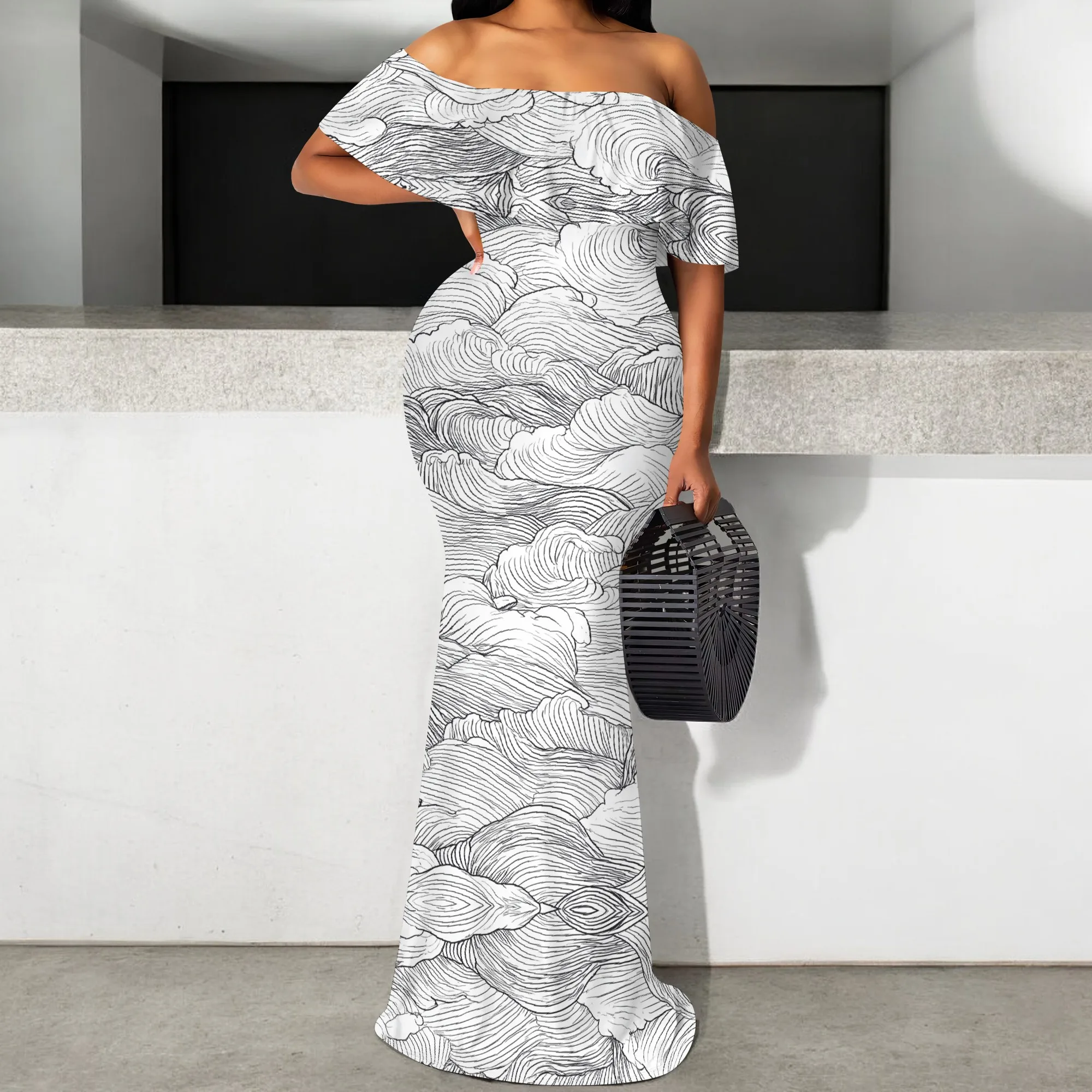 

Abstract Print Off Shoulder Bodycon Maxi Dress S-3XL Mermaid Hem Style for Elegant Dinner, Art Gallery Opening or Cocktail Party