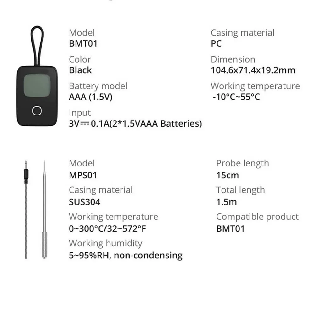 

For Grilling Baking Timer Probe Remote Cooking Monitor Grilling Meat AAA Battery Powered Operating Range 0 300 C