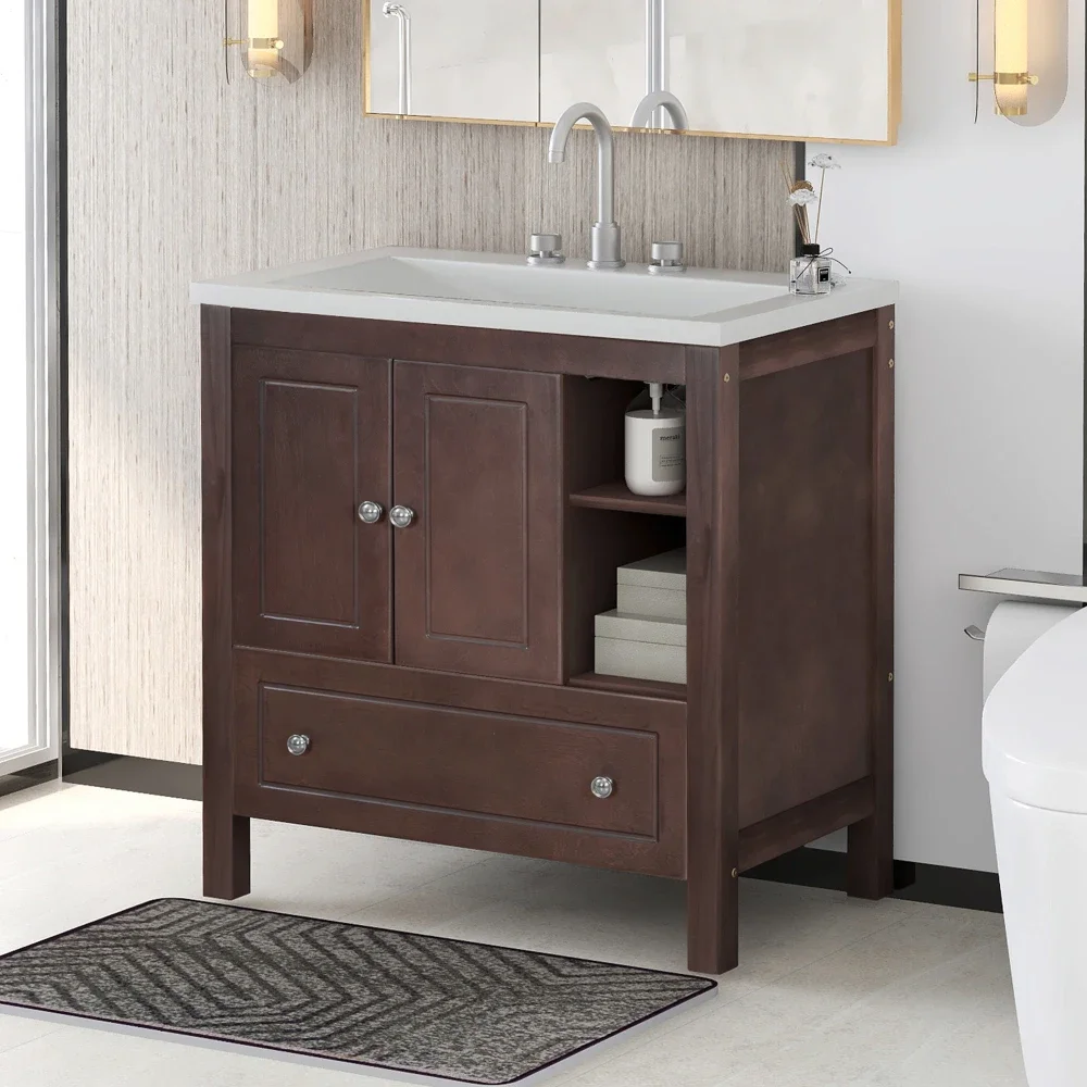 

30" Bathroom Vanity with Sink, Bathroom Storage Cabinet with Doors and Drawers, Solid Wood Frame Ceramic Sink, Bathroom Cabinets