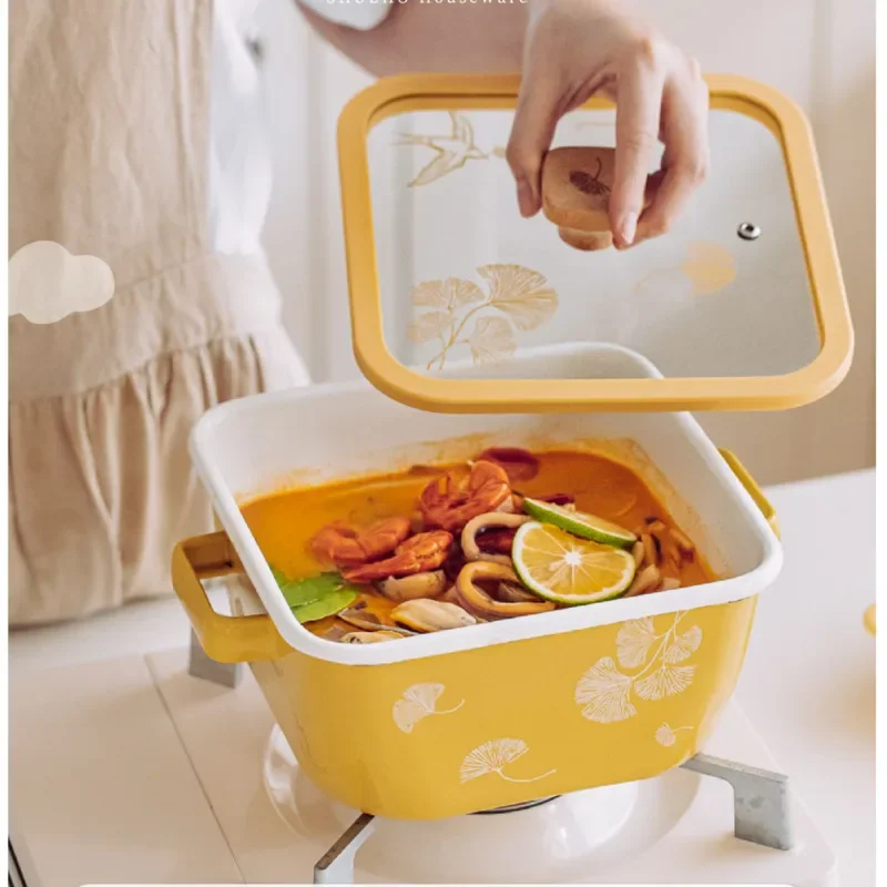 High Appearance Soup Pot Enamel Square Thermal Cooker Double Ear Design Marinated Meat Container Quick Heat Transfer Kitchen Pan