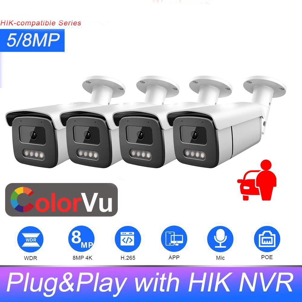 

Совместимая с Hikvision 5-мегапиксельная 8-мегапиксельная IP-камера ColorVu Bullet со встроенным микрофоном IP-камера видеонаблюдения Plug&Play с сетевым видеорегистратором HIK