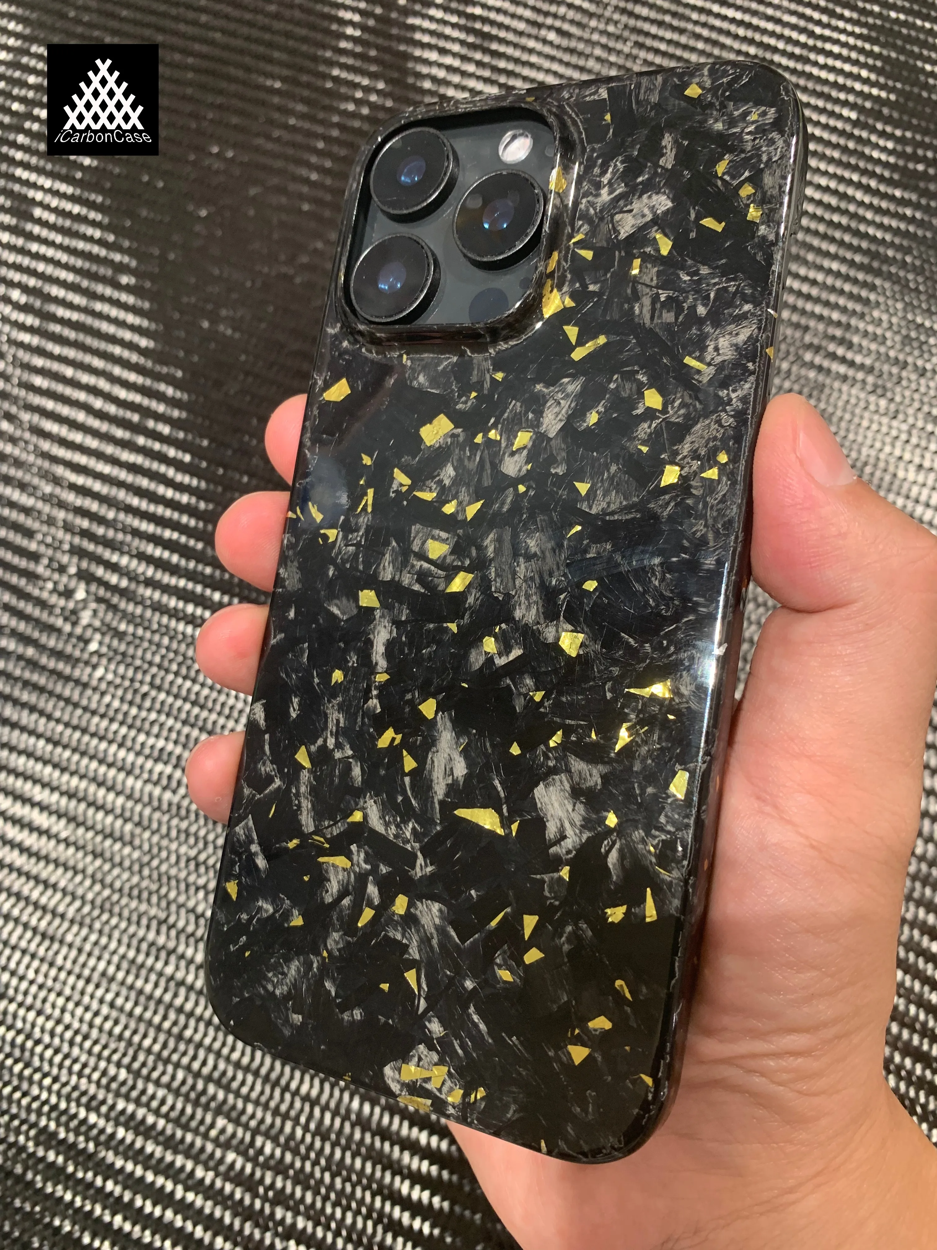 For iPhone 15 16 Pro Max Real Forged Glossy Carbon Fiber Case with Gold Flakes Ultra thin and Lightweight Premium Phone Cover