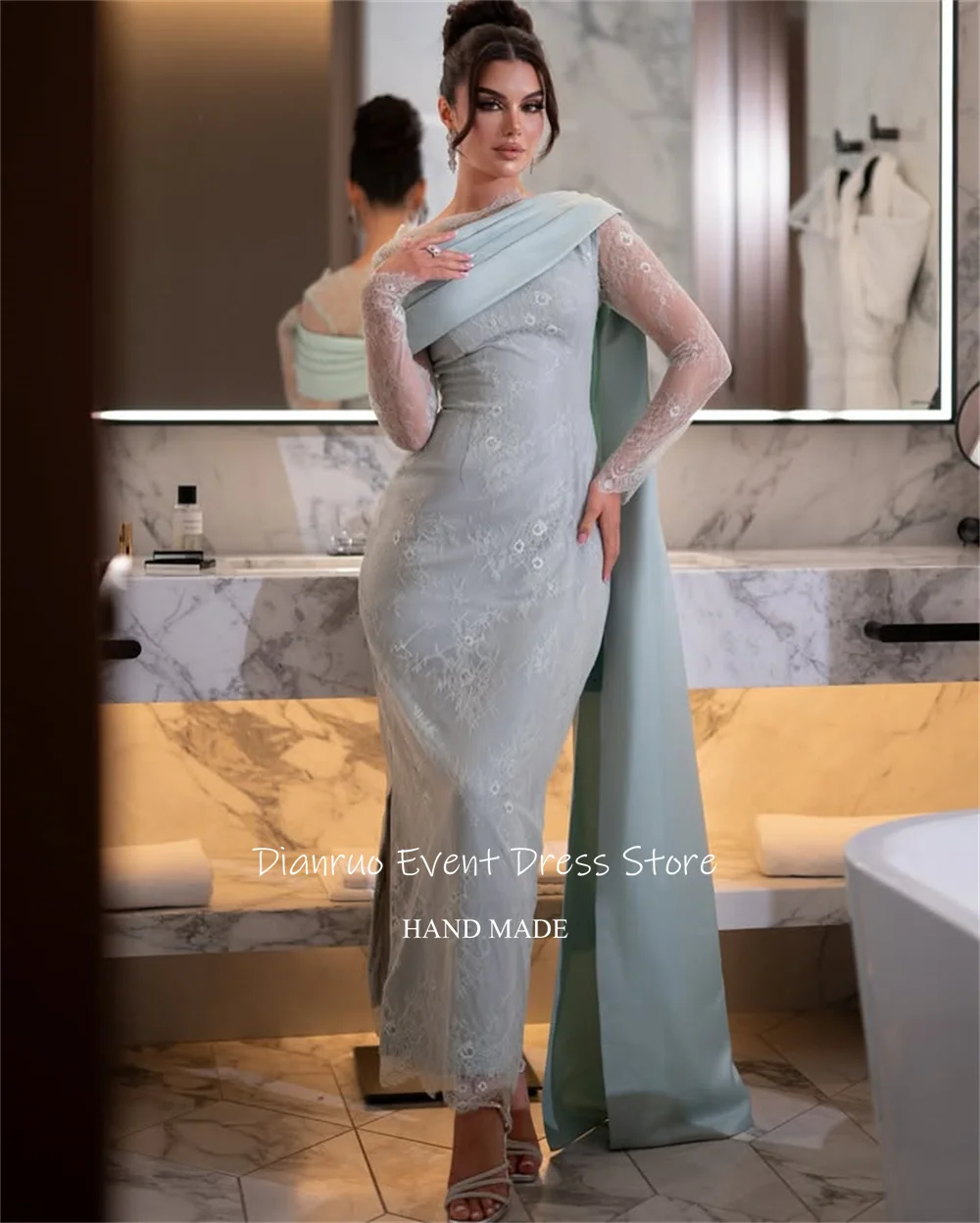 Dianruo Lace O Neck Evening Dress Appliques Mermaid Vestidos De Noche Ankle Length Fitted Illusion Abendkleider Dubai Customized