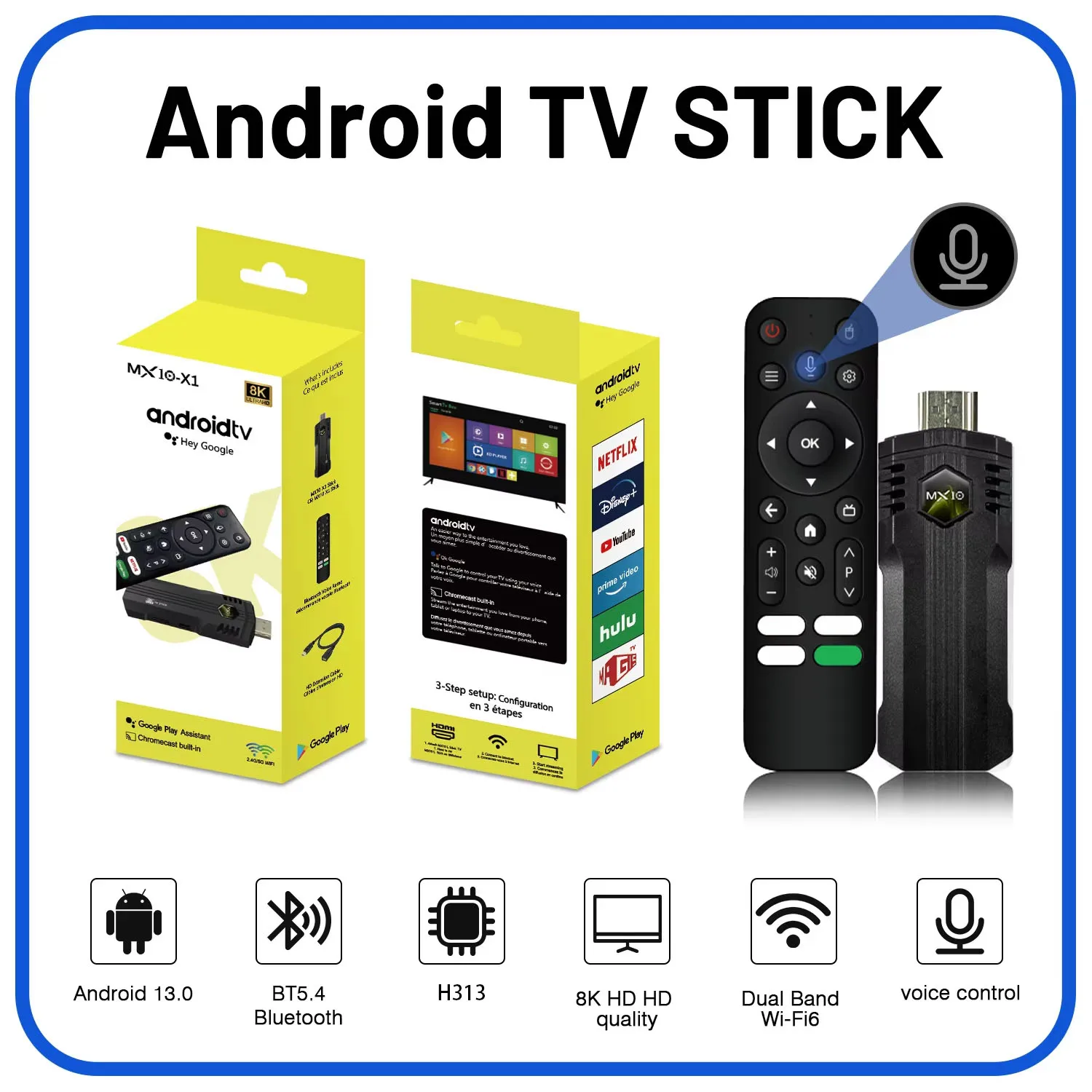 MX10 X1 عصا التلفاز الذكية Android13 H313 1080P HD TV box 2.4/5G WiFi TV استقبال لمشغل الوسائط Google YouTube Netflix