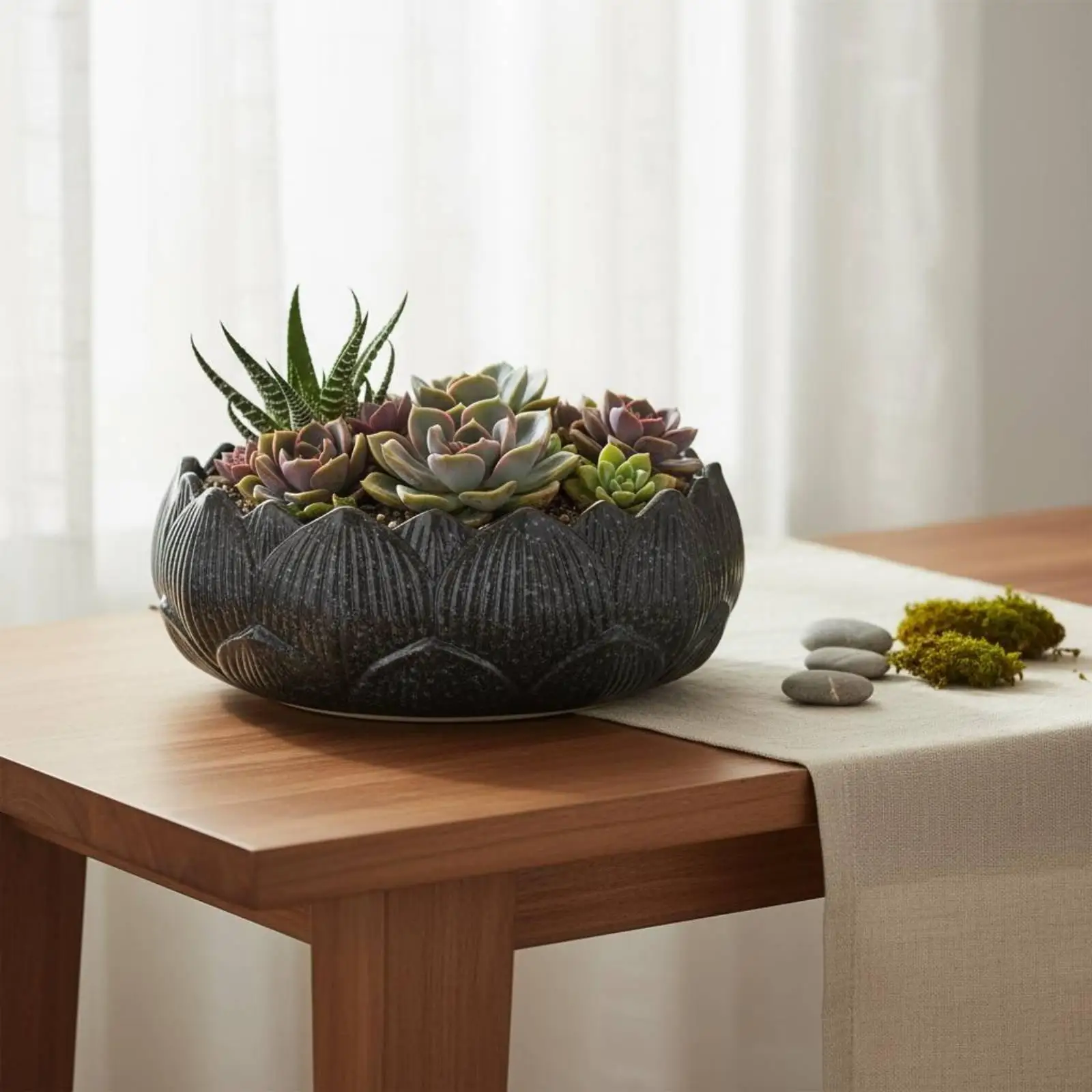 Desktop Wide Mouth Succulent Planter Ceramic Lotus Design Flower Pot Home Garden Pot for Mixed Plants