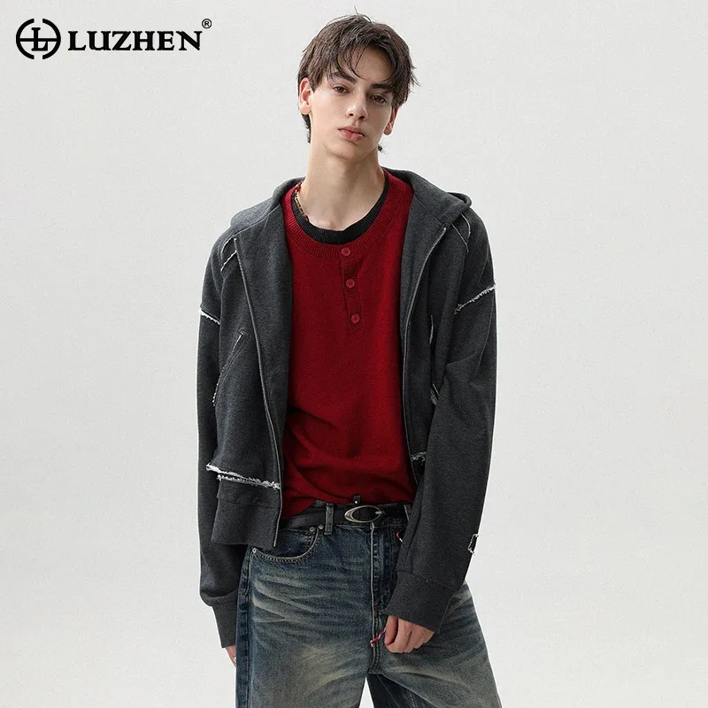 

LUZHEN Original Wornout Burr Edge Hooded Coat Men's 2025 Autumn High Quality Streetwear Fashion Handsome Casual Clothes JY3910