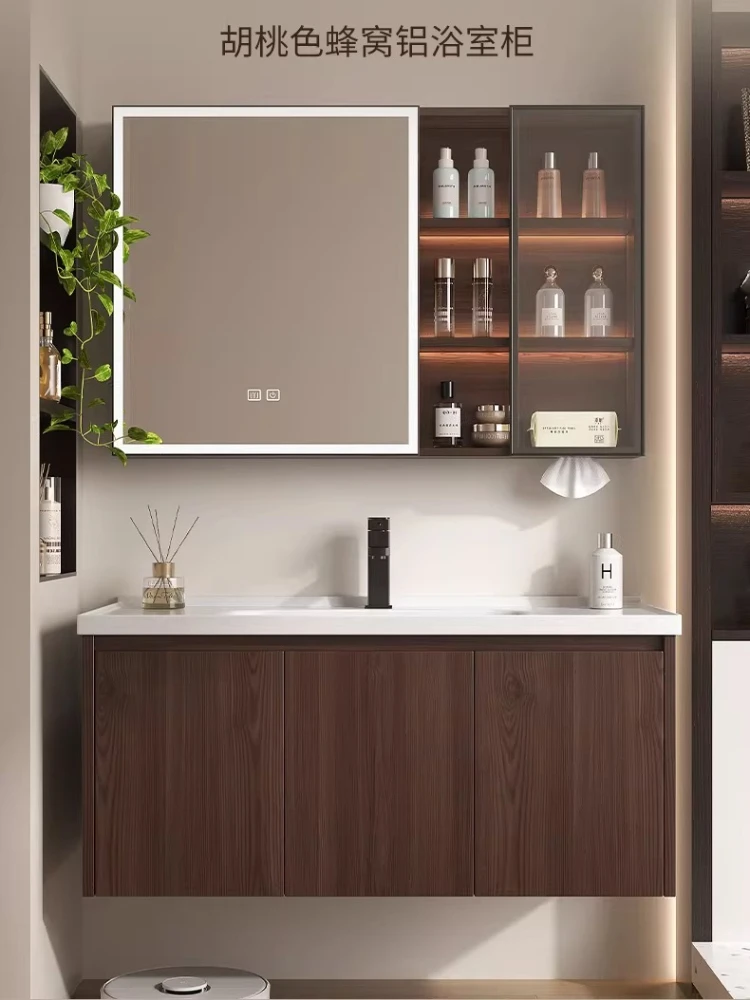 

New Chinese walnut honeycomb aluminum bathroom cabinet combination bathroom style ceramic integrated washbasin
