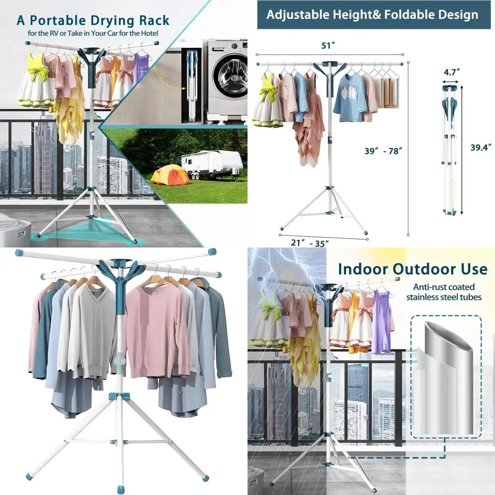 

Collapsible Portable Clothes Drying Rack - Indoor Height-Adjustable Laundry Rack with 20 Hangers, Space-Saving Design