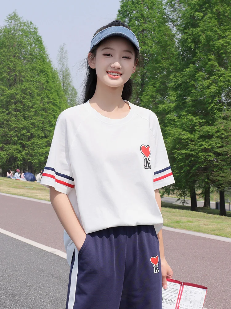 

Casual Spor ort Sve T-irt round Ne Print Cotton Summer Top for Teenage Girls And Students Running f Sve irt