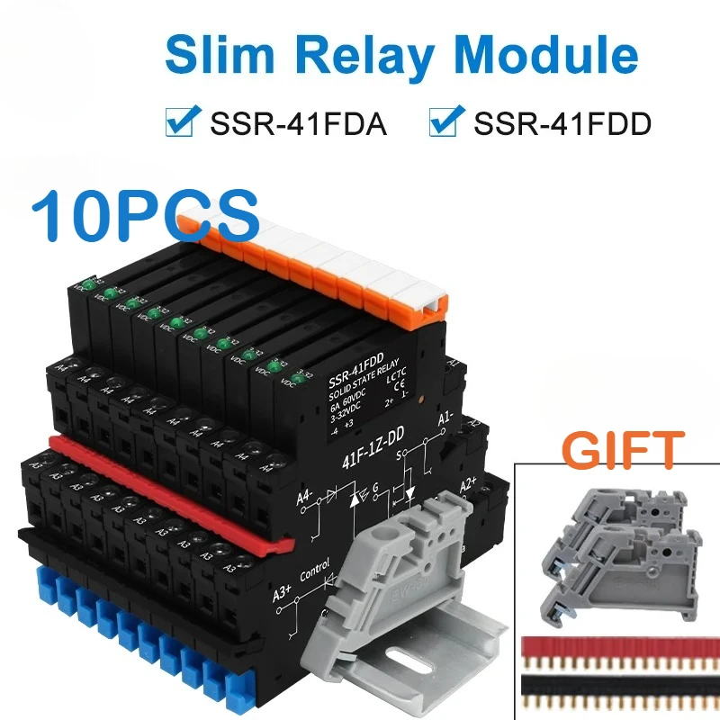 10PCS DIN Rail Mounted Solid State Relay Slim SSR Relay Module DC Control AC DC Control DC 6A