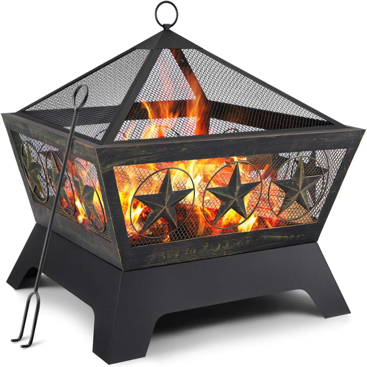 Fire Pit Outdoor for Outside Firepit Bowl Wood Burning 24in Square with Fireplace Fire Poker Spark Screen Mesh