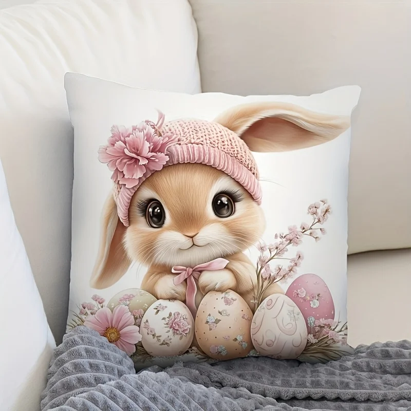 VIKAMA Osterhasen-Kissenbezug, 45 x 45 cm, niedliches Kaninchen-Design, dekorativer Kissenbezug für Zuhause, Sofa, Bett, Osterdekoration