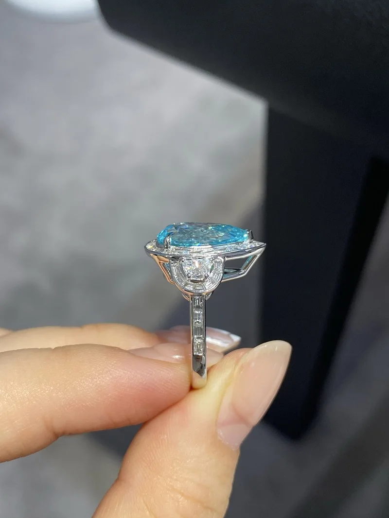 Ruif Luxury Customized Platinum About 7ct Lab Grown Yag  Paraiba Tourmaline Ring for Lady finger fine jewelry silver wedding