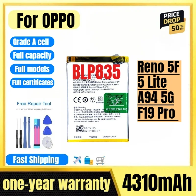 BLP835 for OPPO Reno5F/5Lite/A94 5G/F19Pro  Phone Battery High Quality High Capacity Replacement Bateria Grade A Cell with Tools