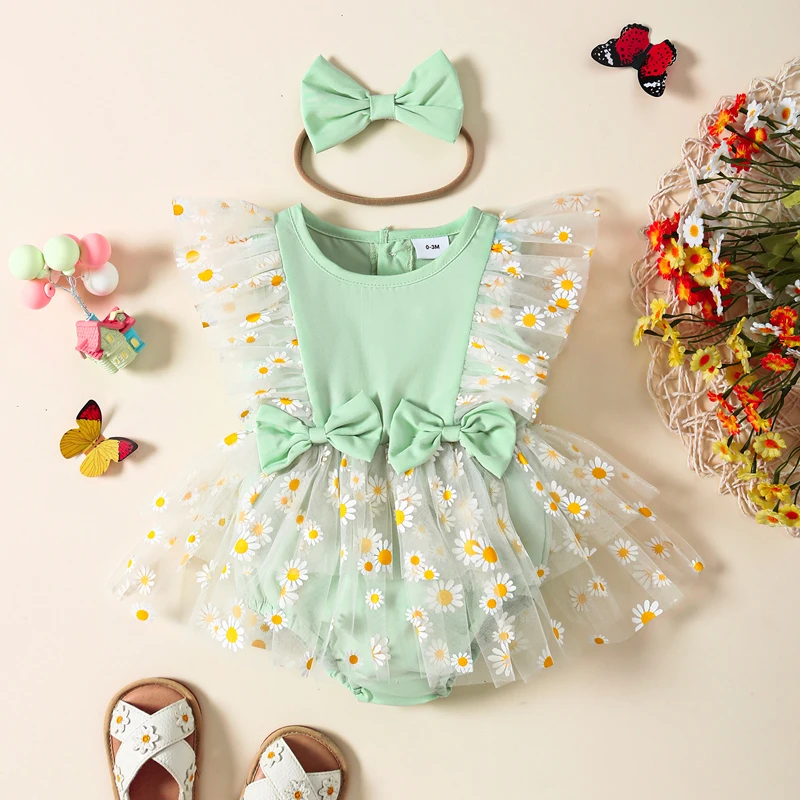 

2024-04-29 Lioraitiin Newborn Girl Outfit, Flower Print Fly Sleeve Tulle Romper Dress with Bowknot Hairband Summer Clothes