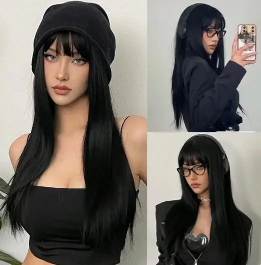 

Synthetic Long Silky Straight Wigs with Bangs Black Cosplay Party Lolita Hair Wigs for Women Natural Heat Resistant Wig