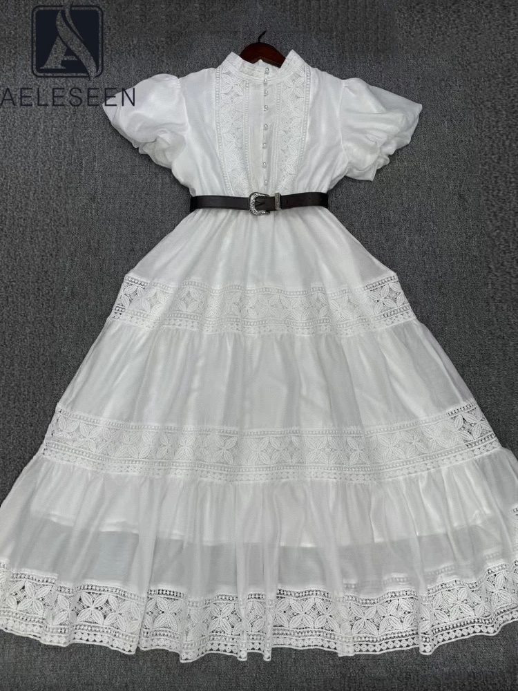 

AELESEEN Runway Fashion Lace Dress Women Summer Puff Sleeve Pearls Button Belt Flower Embroidery Hollow Out Casual Midi Party