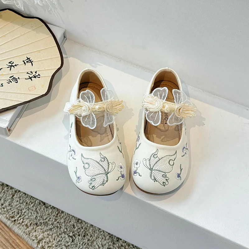 Girl's Chinese Style Embroidered Princess Shoes With Soft Soles, Children's 2024 New Spring Matching Hanfu Small Leather Shoes