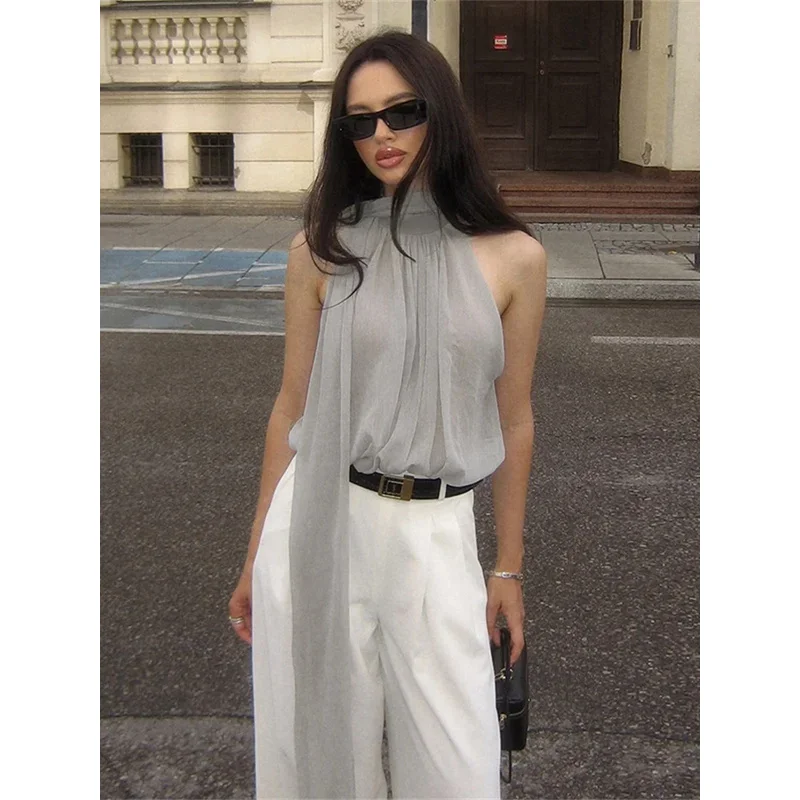 BKQU Chiffon Sleeveless Crop Top Women Summer 2026 See Through Elegant Y2K Fashion Sexy Ribbon Tank Top Streetwear Clothes