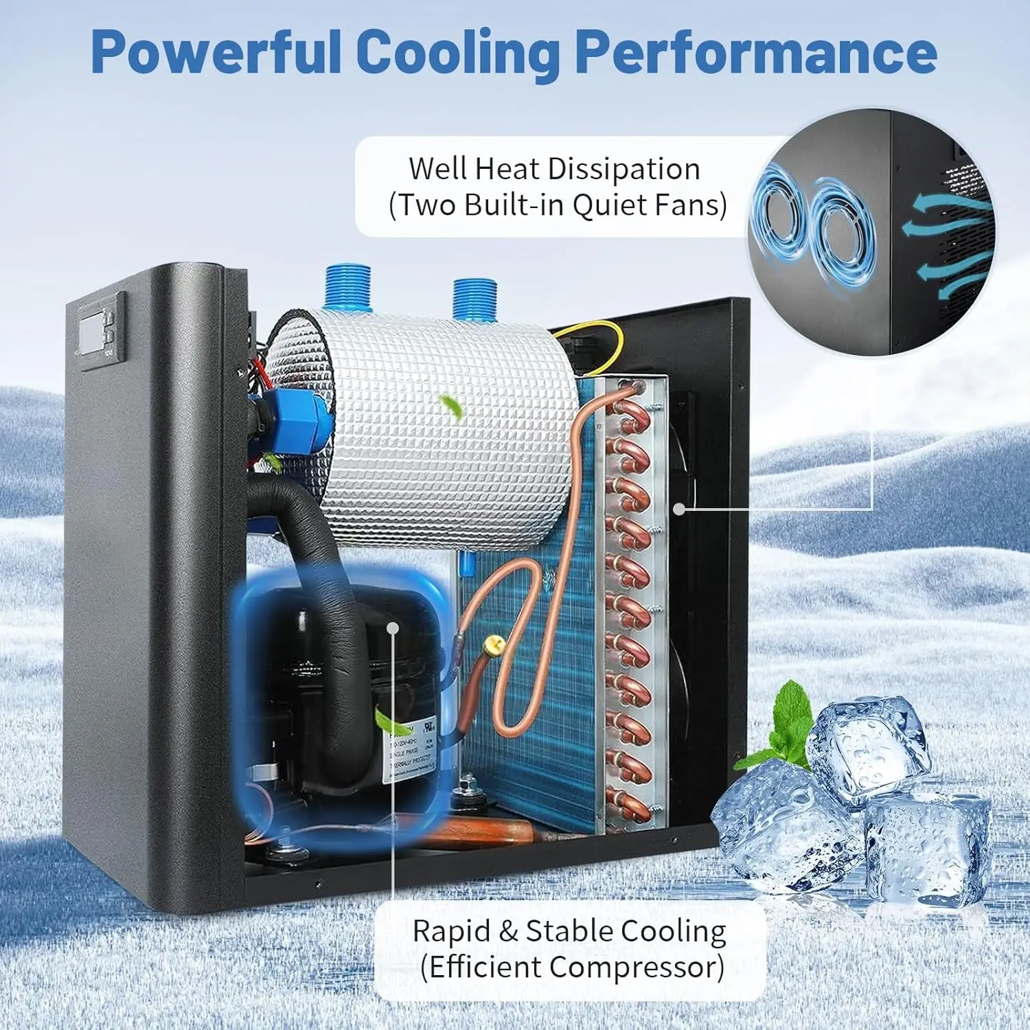 مبرد حوض السمك 79 جالون 1/3 حصان - مبرد مياه لخزان الأسماك موفر للطاقة لخزانات Axolotl والمياه العذبة والمياه المالحة، هادئ ود