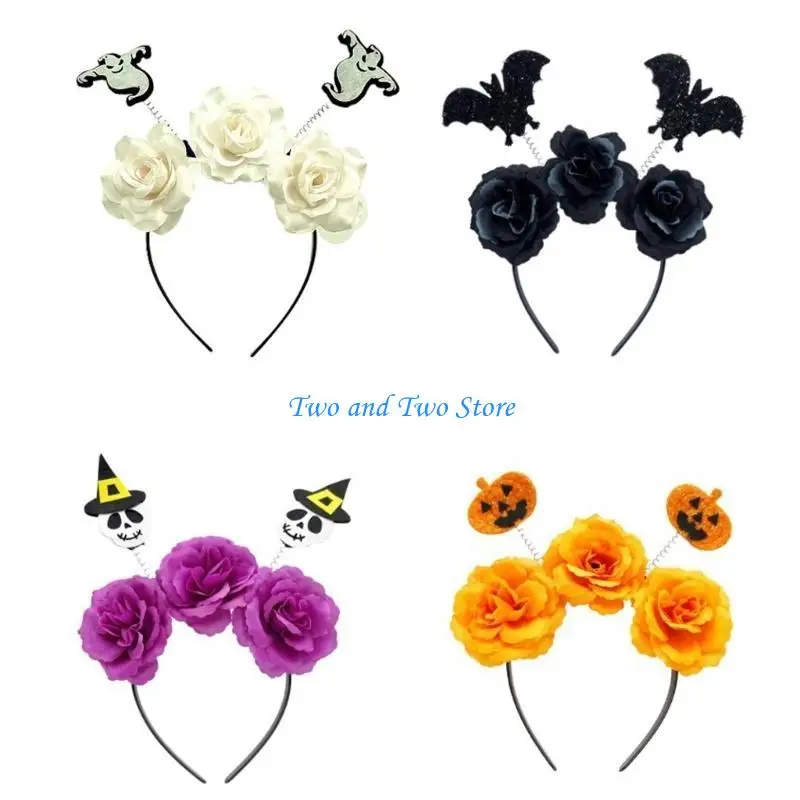 

HX6F Teenagers Taking Photo Hairband Bat&Flower Hair Hoop for Halloween Party