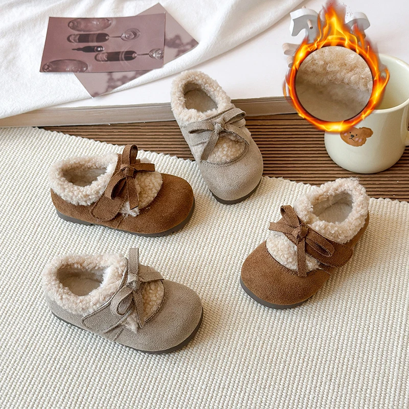 

Children's Cotton Shoes 2025 Winter New Sweet Kid Shoes Bow Princess Shoes Fashion Hairy Shoe with Velvet Cotton Shos Girl Boots