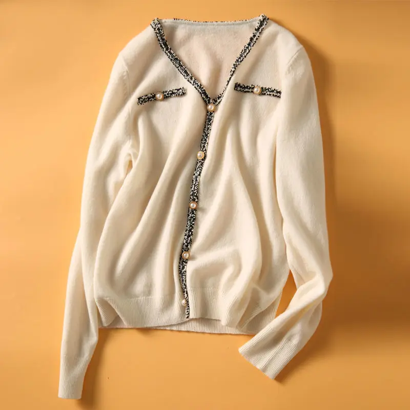 Tweed Splicing Pearl Buckle V-Neck Sweater Women 2024 Autumn Winter Long Sleeve Knitted Pullover All-Match Jersey Bottoming Top