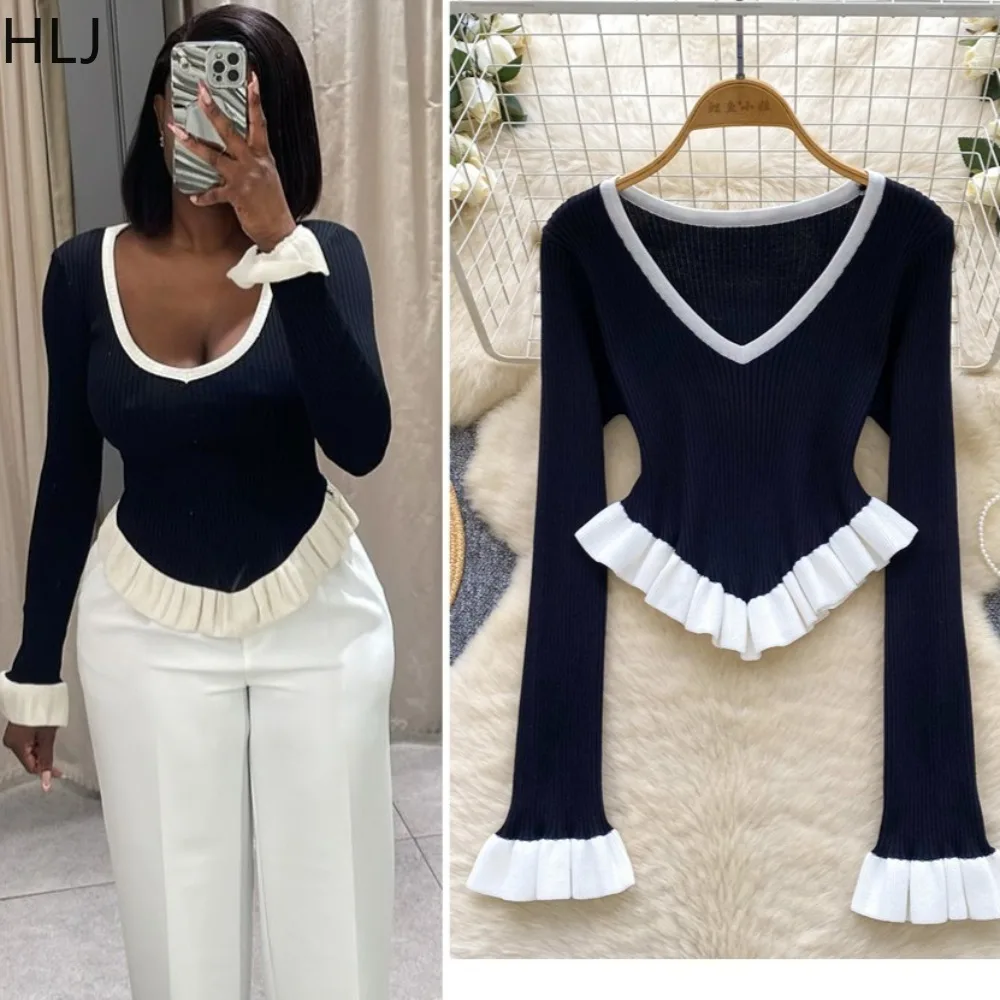 

HLJ Fashion Ruffle Patchwork Bodycon Tshirt for Women Solid Color Deep V-neck Bell Sleeve Crop Top Female Streetwear Clothing