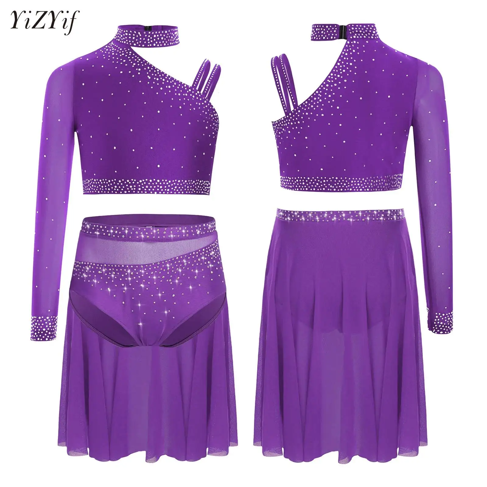 

Kids Girls Figure Skating Outfits Lyrical Modern Dance Performance Costume Rhythmic Gymnastics Jersey Crop Top with Skirt