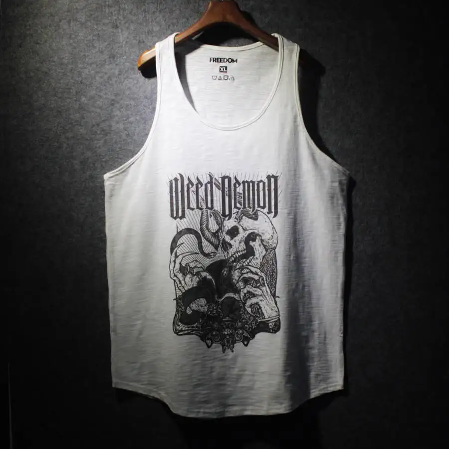 

Gothic Style Print Vest for Men Fitness Gym Tank Top Slub Cotton Pure Cotton Racerback Beach Sweat Vest Fashion
