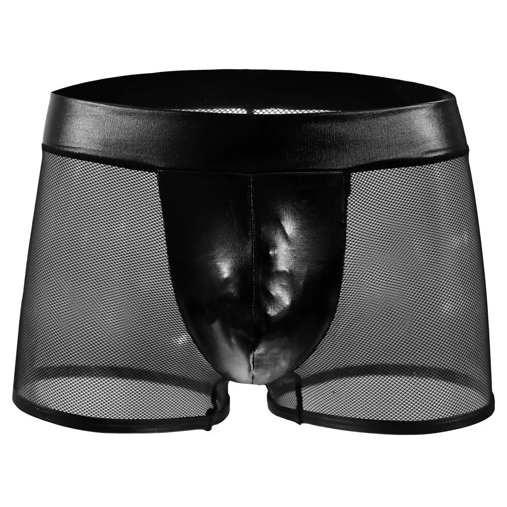 

Sexy Men Boxy Underwear PU Leather Mesh Patchwork U Convex Pouch Boxer Shorts Underpants Nightclub Boxer Shorts Transparent Tunk