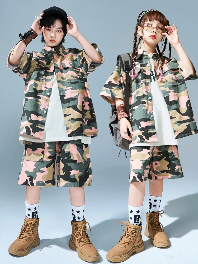 

Kids Hip Hop Clothing Summer Short Sleeved Camouflage Shirt Boys Street Dance Girls Jazz Performance Costume Rave Outfit BL12306