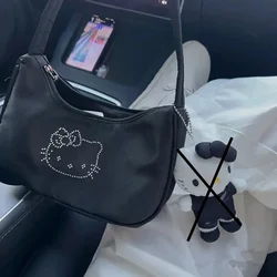 New  Hello Kitty Canvas Tote Bags Women Fashion Rhinestone Black Handbags Y2k Female Cartoon Korean Black Underarm Bag