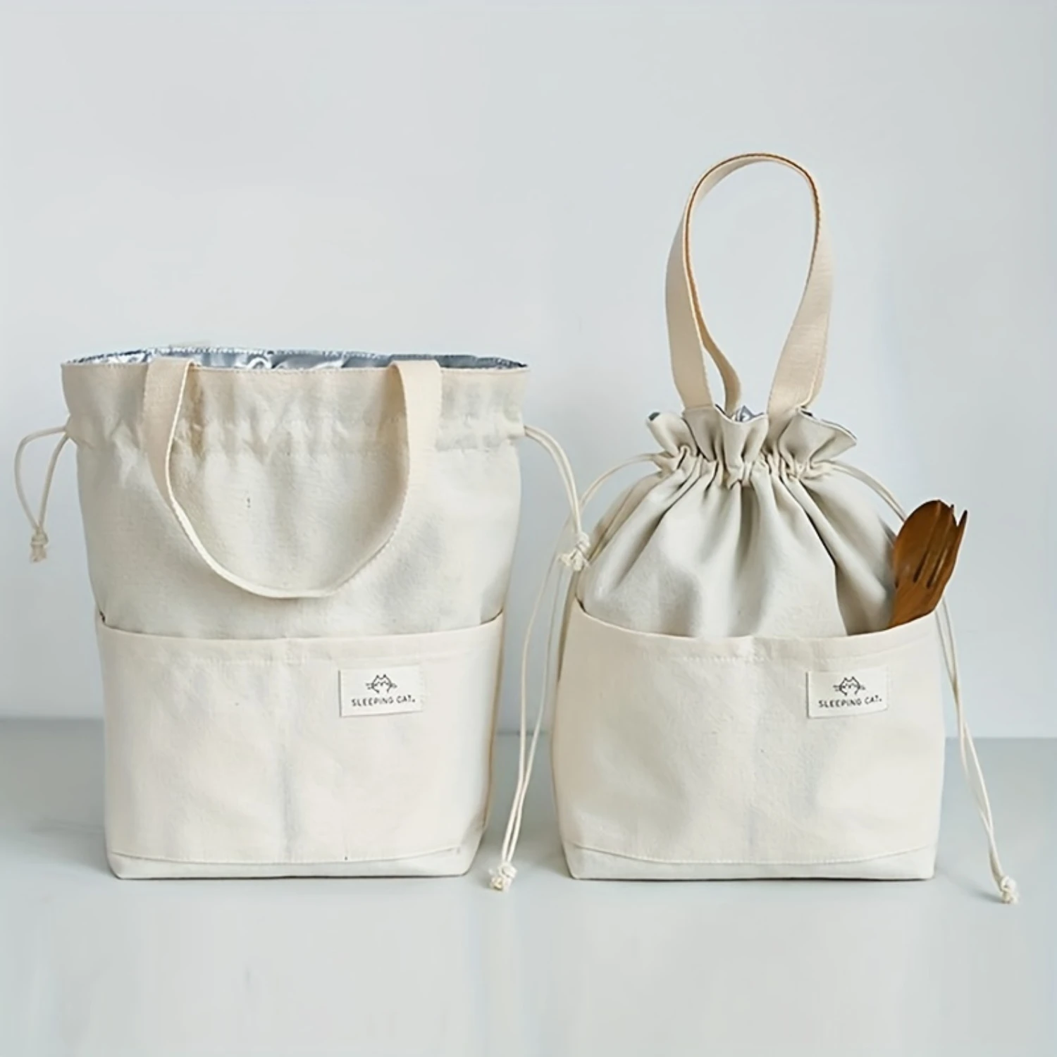 Lightweight Beige Womens Drawstring Lunch Bag - Stylish & Versatile for Office, Picnics & Travel - Compact, Secure & Durable