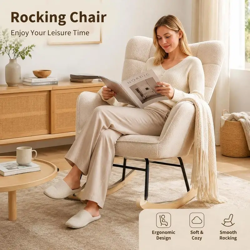 Fauteuil à bascule 71 x 98 x 101 cm, structure en acier, revêtement effet laine bouclée, chaise à bascule confortable avec assise rembourrée, fauteuil relax pour le repos et la lecture, mobilier salon chambre jardin terrasse bureau maison, beige