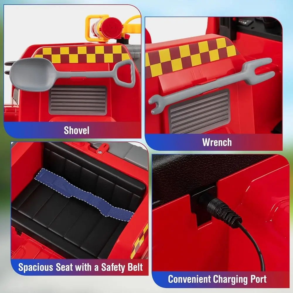รถดับเพลิงเด็กนั่งขับ แบตเตอรี่ 12V ของเล่นรถดับเพลิงพร้อมปืนฉีดน้ำและถังดับเพลิง รีโมทคอนโทรล อินเตอร์คอม พลั่ว 1 ที่นั่ง