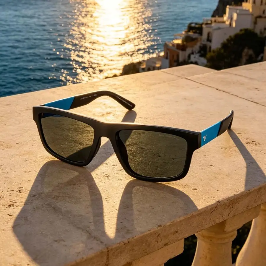 Emporio Armani EA4244U Square Sunglasses Matte Black Frame Blue Contrast Temple UV400 CAT.3 Grey Lens Men Casual Sunglasses