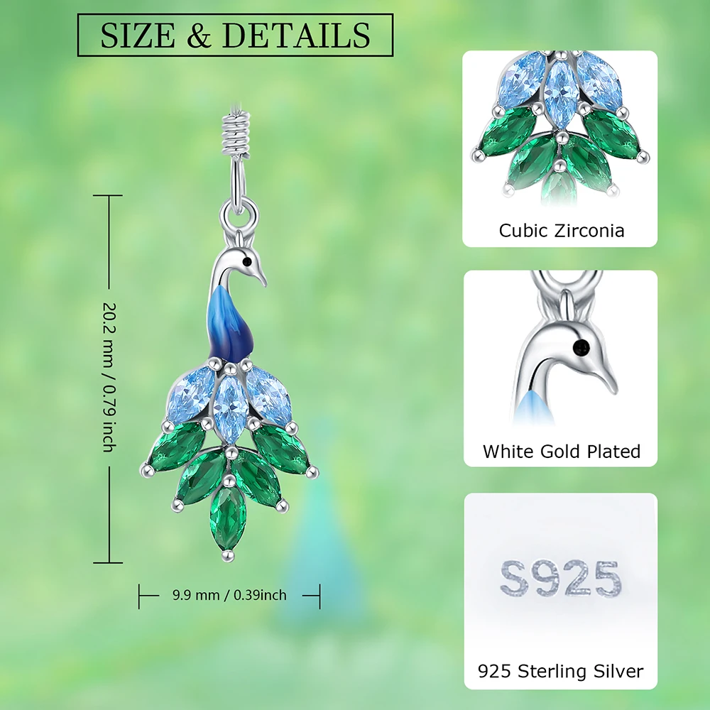 925 Sterling Silver Cute Animal Peacock Feather Dangle Earrings With Zircon Mother's day Jewelry Birthday Gifts for Women Mom