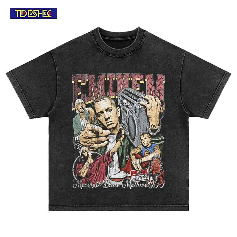 

Hip Hop Portrait Print Short Sleeve Summer Harajuku Punk Streetwear Vintage Leisure Cotton Washed Oversized Loose T-Shirt Top