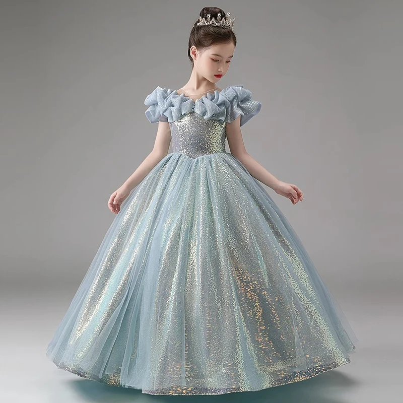 Vestido de princesa infantil com lantejoulas para meninas, festa de aniversário infantil, longos vestidos de baile formais, vestidos de gala luxuosos, azul