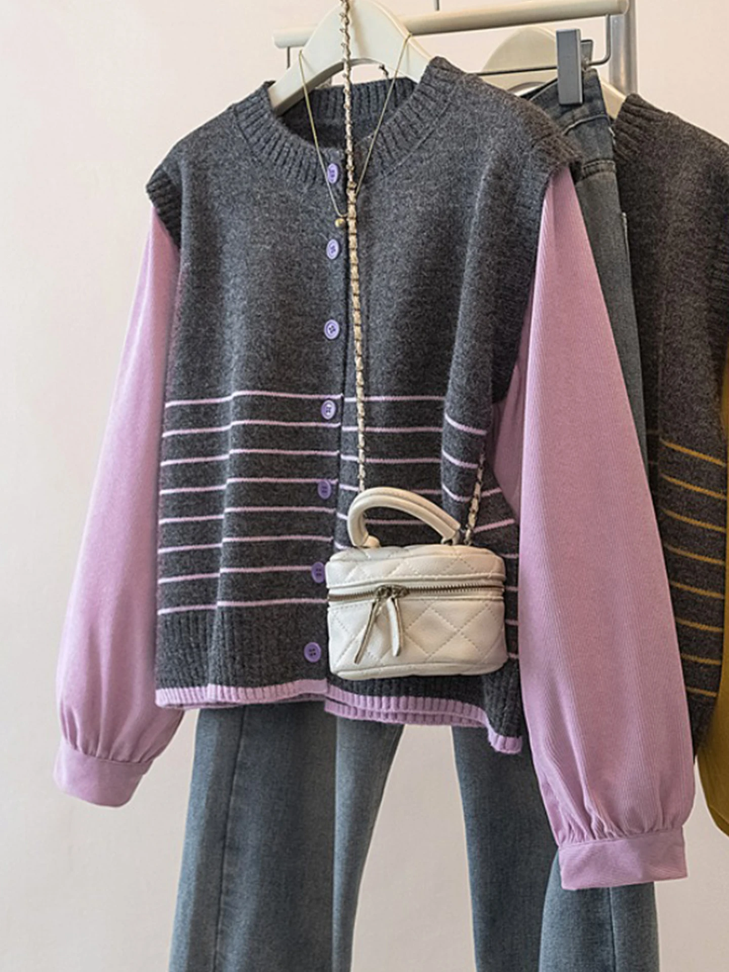 

Фиолетовый вязаный кардиган в полоску для женщин, модный, больших размеров, весенний, с эффектом похудения, красивый топ в корейском стиле, свободный крой