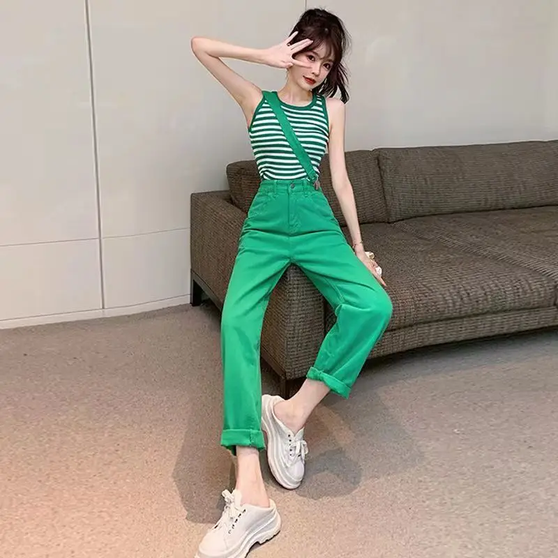 Women's Pants Outfits 2023 Spring/Summer Striped Knitted Tank Top Oxygen Feel Big Button One Shoulder Strap Denim Two Piece Set